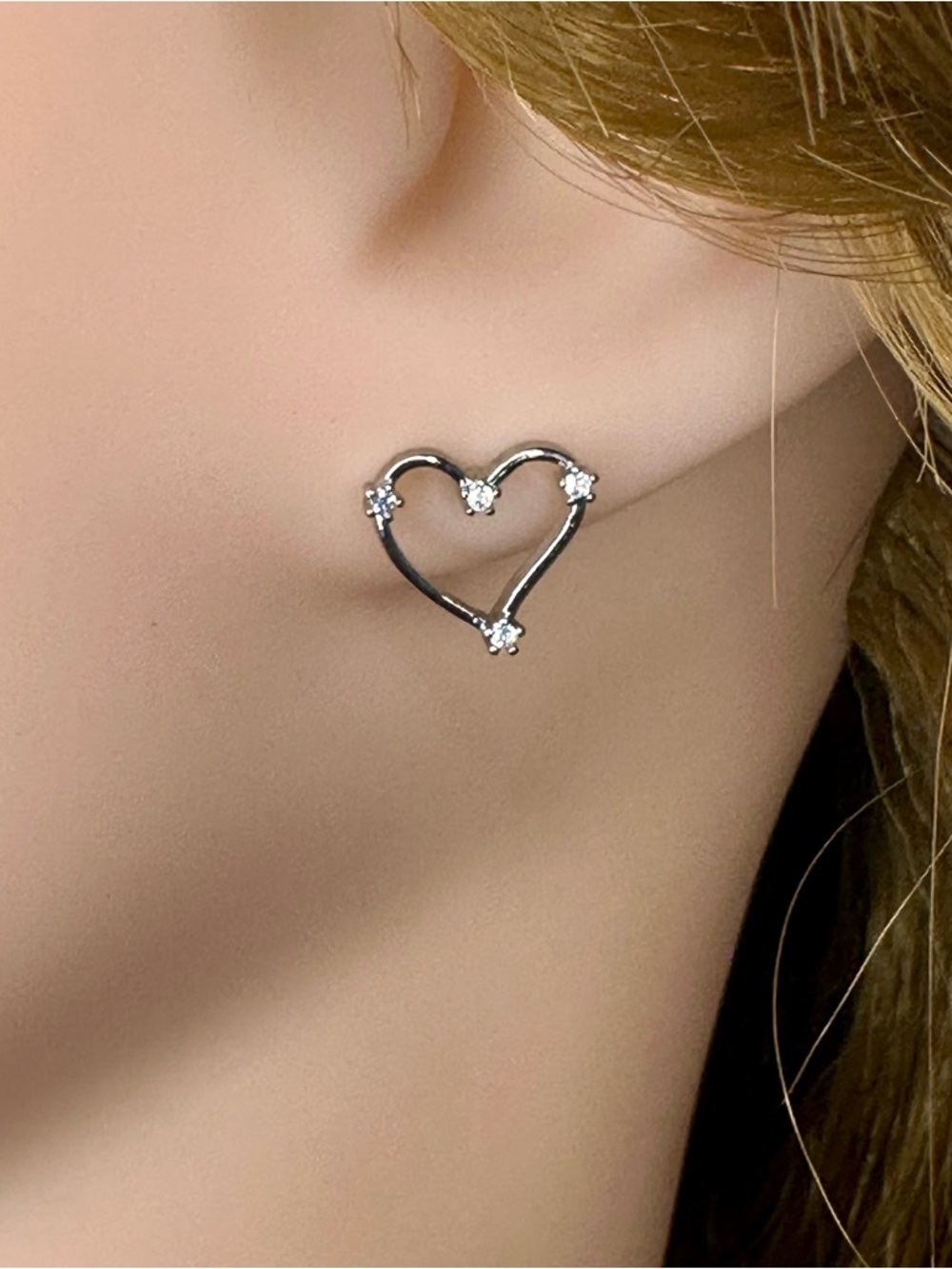 Silver Open Heart CZ Stud Earrings Dainty Rhinestone Jewelry NWT